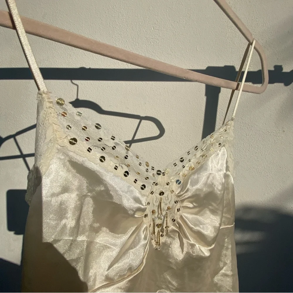 Y2K Fairy Ivory Satin Gold Sequin Beaded Cami Tank Top Size Medium - Picture 7 of 9